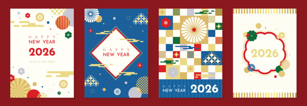 Happy New Year 2026 Japanese greeting card vector set with red blue gold geometric patterns, traditional flowers and lucky motifs. Festive design for invitations, postcards, posters, and banners.