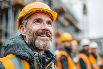 Experienced builder in hardhat and high-vis vest smiles looking up. Perfect for construction, safety, leadership, and skilled trades concepts.