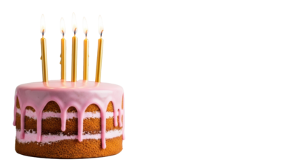 Small round birthday cake with light brown layers, pink icing, four golden candles, flickering flames, white stand, transparent background, creamy bokeh, joyful celebration