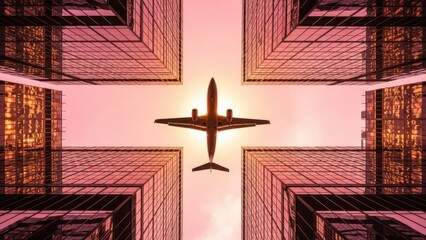 Airplane soaring between modern skyscrapers at sunset