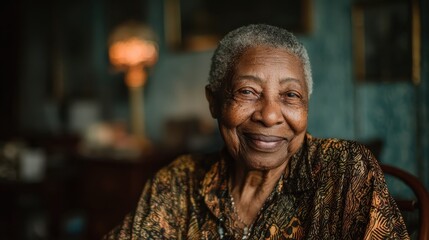Smiling senior Black woman with grey hair looks directly at camera. Ideal for representing positive aging, wisdom, happiness, and care.