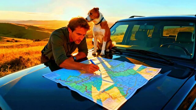 Adventurous male traveler consults a large unfolded paper road map resting on the hood of his dark SUV while his loyal dog companion watches closely during an epic journey at sunset.