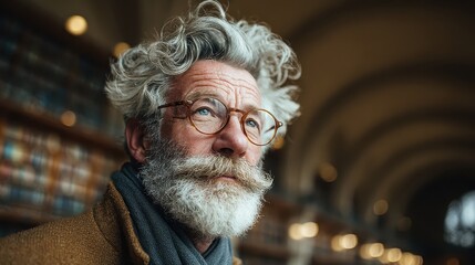 Distinguished senior man with curly white hair, beard, and round glasses. Represents wisdom, deep thought, knowledge, or intellectual pursuits.