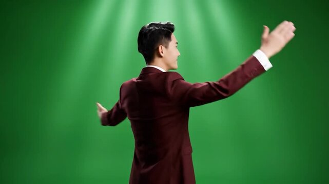 A man celebrating ramadan in a formal attire standing against a green background with rays of light shining down