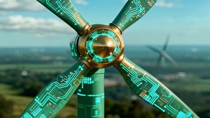 A futuristic wind turbine with glowing circuit board patterns on its blades, symbolizing advanced renewable energy technology. - Powered by Adobe