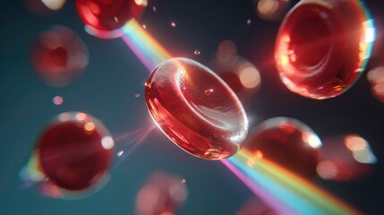 Red blood cells float in space with a rainbow beam in the background during a digital art creation session Generative AI