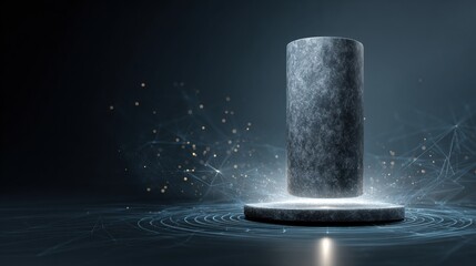 Scene shows a core data system structured around an ancient stone foundation, merging past and present in a unique way.