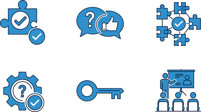 Business problem solving icon set featuring puzzle piece completion blue flat line symbols for key solutions strategic teamwork training and customer feedback success