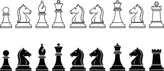 Complete chess pieces icon set featuring king queen rook bishop knight and pawn symbols in black and white styles for strategy games and business competition © Sumona