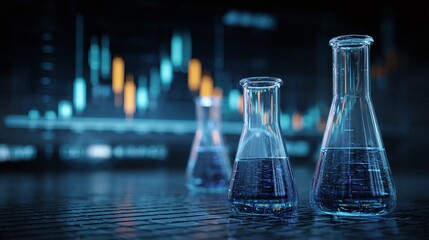 Beakers filled with liquid on a reflective surface, set against a blurred backdrop of abstract financial data. Modern, sleek visual with an emphasis on science and data.