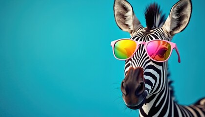 Stylish zebra wears pink sunglasses against solid blue backdrop. Animal has black and white stripes and looks directly at camera. Concept for fashion and fun themes.