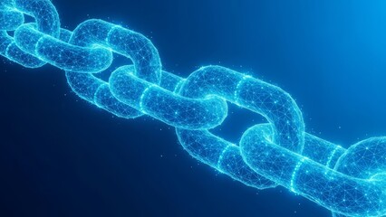 Abstract glowing blue digital blockchain network chain link structure with glowing particles and lines on a dark blue background representing futuristic technology
