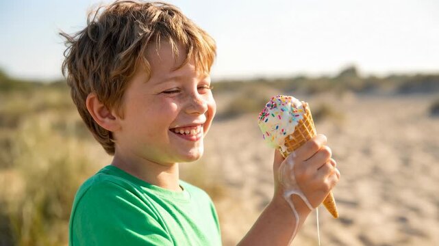 Happy young boy holding a melting ice cream cone on the beach. Child smiling with dripping dessert during summer vacation. Summer childhood lifestyle concept