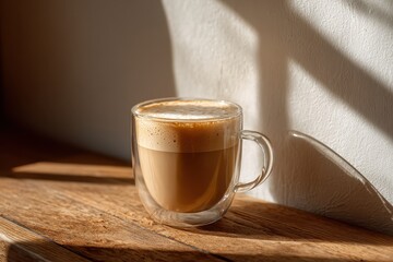 Cappuccino in double-walled glass mug with morning light and shadows. Ideal for promoting cafes, morning rituals, or cozy home aesthetics.