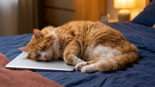Ginger cat sleeping on a closed laptop on a bed. Cute pet resting on computer in a cozy bedroom. Work from home interruption concept