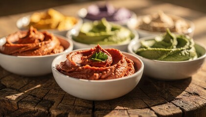 Colorful Dips In Bowls, Variety Of Healthy Sauces And Condiments, Fresh Herbs On The Side - Snack Time Inspiration
