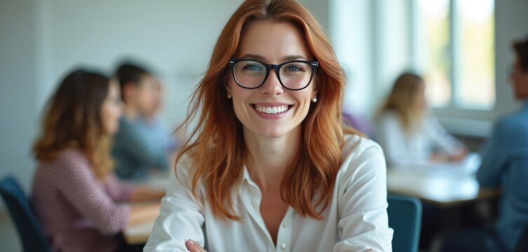 Smiling young woman teacher wearing glasses in classroom. Attractive female instructor posing friendly with colleagues during meeting. Happy business lady office worker with satisfied face.