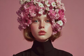 Ethereal young woman with a delicate pink flower crown and blush. Ideal for beauty, spring, nature, skincare, or delicate fashion concepts.