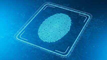Glowing blue fingerprint on a futuristic identification card with neon light outline on a dark blue background with subtle pixelated effects with biometric with security