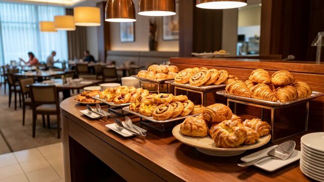 Hotel buffet counter with assorted pastries and croissants. Fresh baked goods displayed for continental breakfast in a restaurant. Hospitality concept