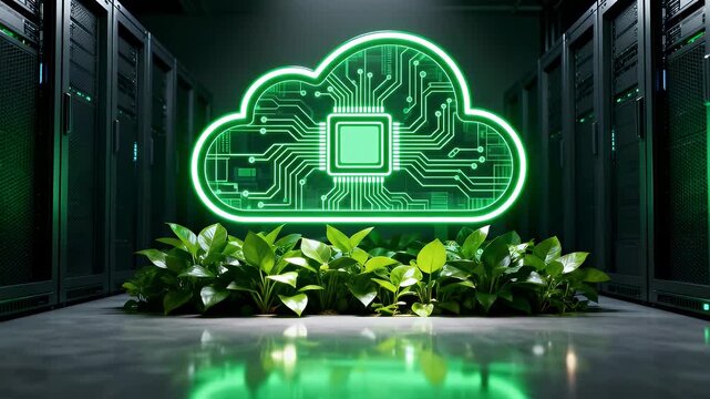 A vibrant green glowing cloud symbol with integrated circuit board and CPU chip design, in a server room with lush green plants, symbolizing sustainable cloud computing and eco-friendly technology.