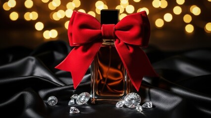 Luxurious perfume bottle with red bow and diamonds on black silk