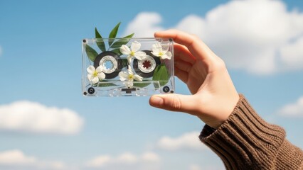 Hand holding cassette tape with white flowers against blue sky