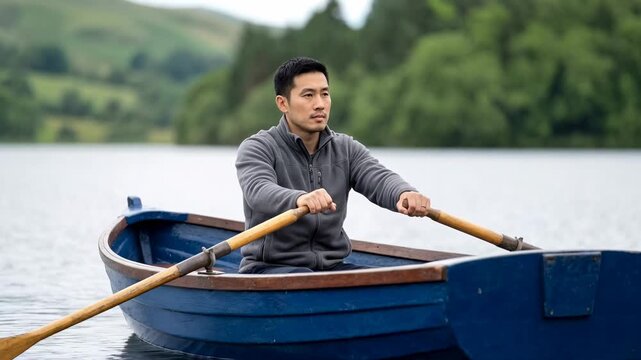 Asian man rowing a blue wooden boat on a lake. Male person paddling with oars during outdoor recreation. Solo travel and leisure concept