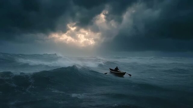A man rowing a tiny boat on choppy waves against a stormy, gloomy sky represents perseverance and fight in the face of hardship.