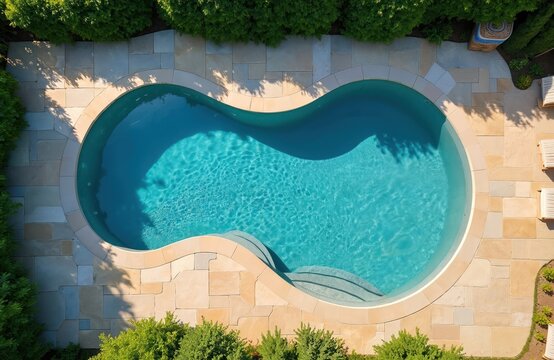 Top view of freeform swimming pool with stone patio and green bushes. Clear blue water reflects sunlight creating patterns. Luxury backyard design.