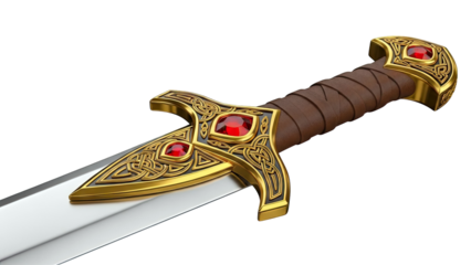 Ornate Golden Sword with Red Gemstones and Celtic Knots