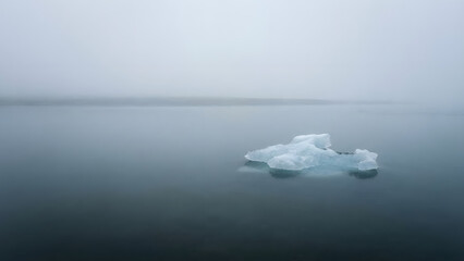Iceberg floating in calm sea on foggy day near horizon