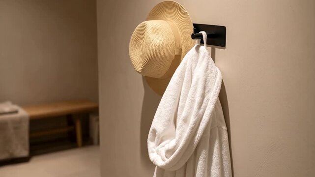 White bathrobe and straw hat hanging on a black hook in a spa setting. Wellness and relaxation concept with copy space