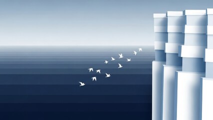 Modern cityscape with white birds flying over ocean view