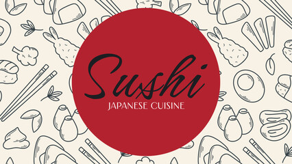 Japanese cuisine banner. Hand drawn Asian food patterns create background. Signboard with text for sushi restaurant. Vector graphics