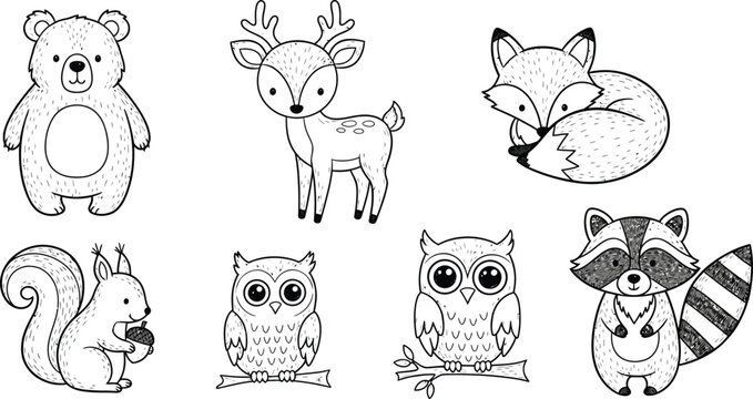 Charming woodland creatures silhouette vector bundle cute fox rabbit owl deer hedgehog raccoon eps scalable silhouette vector illustration white background