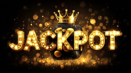 Glowing jackpot lettering shines with a golden crown and dice, creating a bright, lucky casino-style scene.