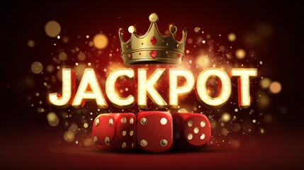 Glowing jackpot lettering shines with a golden crown and dice, creating a bright, lucky casino-style scene.