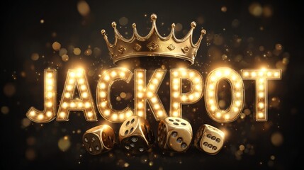 Glowing jackpot lettering shines with a golden crown and dice, creating a bright, lucky casino-style scene.