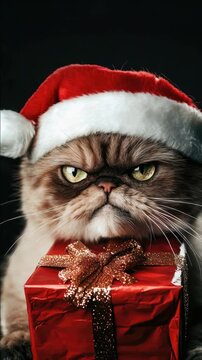 Hilarious Christmas card with a grumpy cat dressed as Santa Claus.