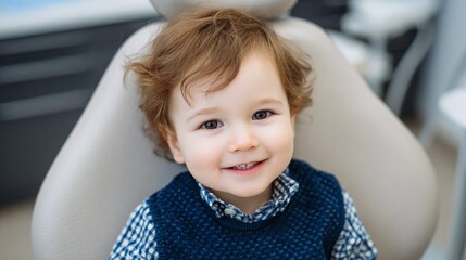 A charming young boy with curly brown hair and big, inviting eyes sits patiently in a dentist's chair, flashing a sweet, innocent smile that could brighten anyone's day.
