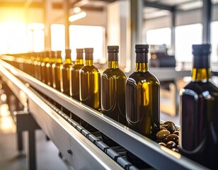Dark olive oil bottles move smoothly on a conveyor belt