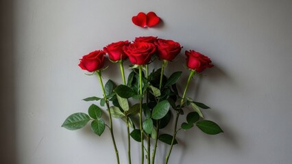 Romantic bouquet of red roses with heart shaped petals