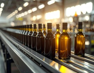 Dark olive oil bottles move smoothly on a conveyor belt