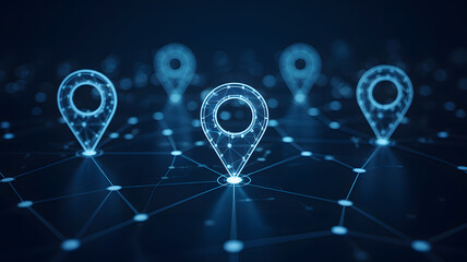 Futuristic digital location pins glowing blue in a networked abstract space symbolizing global connection and precise positioning