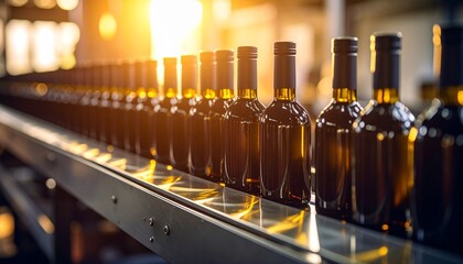 Dark olive oil bottles move smoothly on a conveyor belt