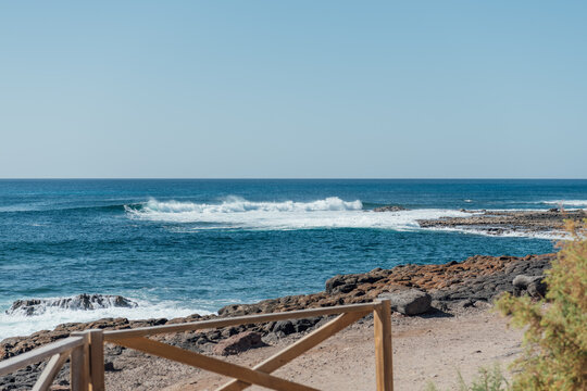Waves crashing on the rocky shore of El Cotillo, Fuerteventura