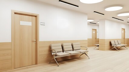 Modern Clinic Waiting Room Hallway with Wooden Doors and Seating