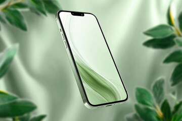 Sleek smartphone mockup with white display for mobile app ui ux design and product presentation use case, surrounded by soft green tones and plants