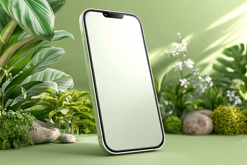 Sleek smartphone mockup with white display for mobile app ui ux design and product presentation use case, surrounded by soft green tones and plants